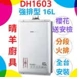 《櫻花》DH1603強制排氣16L熱水器 智能16公升恆溫熱水器 智能恆溫 （屋內屋外適用）分段火排 櫻花熱水器 櫻花牌