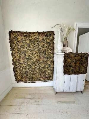 64x50 1890 French tapestry fabric jacquard weave Dark colors natural with trim
