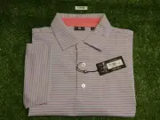 FootJoy Mens Hickory Stripe Pique Golf Shirt Sky Blue/Pink Lemonade Large 33198