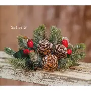 Set of 2 - ICY CHRISTMAS Red Berry 1" CANDLE RINGS Glittered Pinecones