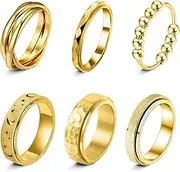 [LOFITOR] Fidget Rings for Anxiety 6pcs Stainless Steel Spinner Ring Anti Anxiety Ring Spinning Moon Star Cool Stress Relieveing CZ Rings for Women Men Band Rings Set
