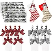 16 Pcs Christmas Stocking Wood Tags with 4 Sheets Adhesive Letter Stickers Christmas Stocking Name Tags with Buffalo Plaid Row and Beads Chalkboard Labels (White)