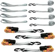 4PCS Silver S-Hooks Ratchet Tie Down Strap Kit 2200 Lbs Breaking Strength with Soft Loops and Storage Bag Replacement for Carriages Trailers Flatbeds Motorcycles ATVs
