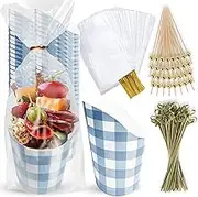 Charcuterie Cups With Sticks - [50 Cups + 200 Picks + 50 Bags & Ties] -14 oz Kraft Charcuterie Cups with Cocktail Picks (3 Types) - Disposable Paper Appetizer Cups - Popcorn Boxes - French Fry Holder