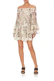 OFF SHOULDER DRESS WITH SMOCKING PHOENIX FLOWER