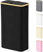 SpaceAid Slim Laundry Hamper with Lid, 65L Narrow Clothes Basket Bin with Bamboo Handles, Skinny Tall Collapsible Hamper for Bedroom, Bathroom, Dorm, Laundry Room - Black