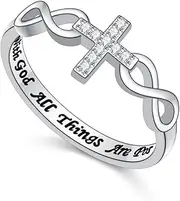 [ALPHM] S925 Sterling Silver Christian Cross Heart Inspirational Faith Bible Verse Ring for Women Teen Jewelry Gift