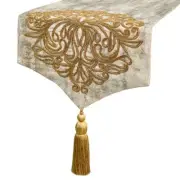 Decorative Table Runner Gold Linen Jacquard Damask, Zardozi - Zarina Goldstitch