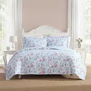 [Laura Ashley] Full/Queen Quilt Set, Super Soft Cotton Bedding with Matching Shams, Envelope Closure, Floral Printed Design (Blissful Blue, Full/Queen)