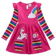 Kids Girls Unicorn Rainbow A-line Dress Long Sleeve Princess Dresses -NMAOV Rose Red 5-6 Years