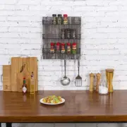 3 Tier Black Metal Wire Kitchen Spice Rack with Torched Wood Wall Mount & 6 Hook