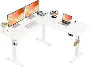 ERGOMAKER Corner Electric Standing Desk, 129 * 50cm Height Adjustable L Shaped Desk, Stand up Desk with Splice Board, Sit Stand Desk with Memory Smart Handset(White Frame + White Desktop)