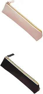 2 Pcs Leather Pencil Pouch, Slim Design Small Pencil Pouch Pencil Bag Zipper Pencil Case Bag Stationery Pouch Bag for Pens, Pencils, Markers (Black&Beige, One Size)