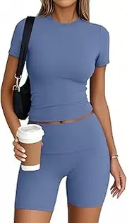 [Trendy Queen] Womens 2 Piece Workout Sets Short Matching Lounge Sets Summer Clothes Going Out Gym Outfits Blue S, Blue