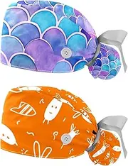 [YTYVAGT] 2-Pc,Nurse Scrub Caps,Scrub Hats with Buttons and Cotton Sweatband,Bright Scales Shapes Abstract