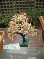 Large 500-Leaf Red Carnelian & Clear Crystal Quartz Bonsai 25cm Gemstone Tree