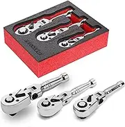 UYECOVE 1/2 3/8 1/4 Inch Drive Stubby Ratchet, Flex Head Ratchet Set Mini Stubby Ratchet Wrench Set, 72 Tooth Quick Release Head Socket Wrench with Storage Tray-5.9''&4.9''&4'', Red