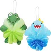 2 Pcs Bath Loofahs Kids Toddler Cute Cartoon Bath Sponges Loofah Bath Pouf Body Scrubber Mesh Loofah Sponges for Children Shower Washing Exfoliating (Shark, Frog)