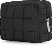 E-Tree Cute Makeup Bag,Quilted Cosmetic Bag,Make up Pouch for Purse,Toiletry Zipper Pouch,Checkered Bag,Travel Case,Storage Pouches for Organization, Black, 7.5“ x 5.5” x 3.5“, Quilted Cosmetic Bag