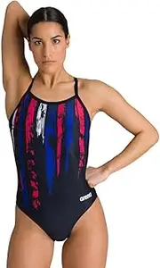 [arena] Women's Painted Stripes Light Drop Back MaxLife One Piece Swimsuit, Black-Multi White