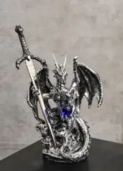 Legendary Silver Dragon Carrying Orb and Excalibur Sword Letter Opener Figurine