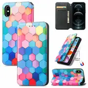 CaseNeo For Apple iPhone X /XS Leather Wallet Flip Case With RFID Blocking Credit Card Holder Slots Cover - Colored Squares