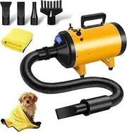 VOLKWELL 3200W/4.3HP Pet Grooming Dryer, Adjustable Speed & Temperature Control Yellow Dog Blow Dryer, High Velocity Dog Hair Dryer with 4 Nozzles（Yellow