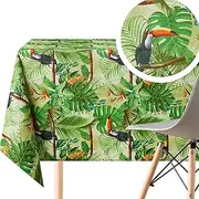 Textil Feel Tropical Jungle PVC Wipe Clean Table Cloth Rectangle 300x140 cm | 108x55 In - 10 Seats Wipeable Tablecloth - Waterproof Vinyl Oilcloth With Toucan Birds And Green Palm Leaves