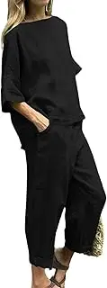 [HanzhuoLG] Women's Cotton Linen Tracksuit Set Summer Solid Color Casual Loose Half Sleeve Linen Shirt & Pants Two Piece Set Black Small