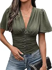 [Flamingals] Flutter Sleeve Ruched V-Neck Blouses Summer Stretchy Casual Tops for Women