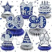 8Pcs Navy Blue Silver 80th Birthday Decorations Honeycomb Centerpieces for Table Decor, 80th Birthday Table Topper for Men Women, 80th Birthday Anniversary Party Supplies