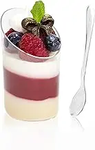 TOFLEN 50 Pack Mini Dessert Cups with Spoons - 2.2oz Clear Plastic Parfait Appetizer Cup - Reusable Slanted Round Shooter Cups for Tasting Sample Appetizers Fruit Mousse Pudding