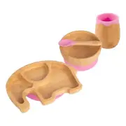 4pc Tiny Dining Pink Elephant Bamboo Baby Feeding Set Weaning Plate Bowl Spoon