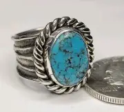 Kingman Spiderweb Turquoise Tufa Cast Sterling Silver Ring Size 7.5 Signed 10.9g
