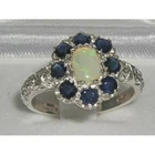 Solid 925 Sterling Silver Natural Opal, Sapphire Cluster Ring-Sizes 4 to 12