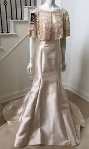 $1198.00 NWT JVN by Jovani Lace Capelet Mermaid Mikado Champagne Gown Size 6
