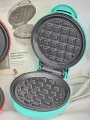 Nostalgia My Mini Waffle Maker Aqua Teal & Red Griddle Maker Compact 5" NWOB