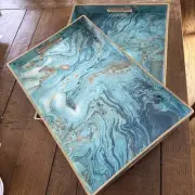 Three Hands Blue Swirl Trays, 2 Serving Pieces Organization Coastal, Handles NWT