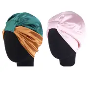 2pcs Stain Silk Hair Wrap for Sleeping Double-Layered Elastic Turban Stretch Bonnet Hat Night Sleep Cap for Women -Pink and Green