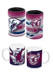 SET OF 2 MANLY SEA EAGLES NRL STRIPE STUBBY HOLDER + CERAMIC COFFEE MUG