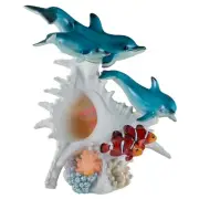 Blue Dolphins & Clown Fish Swimming Over LED Conch Shell Figurine Statue Light