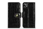 For iPhone 12 mini Case Genuine Leather Crocodile Texture Wallet Cover Black