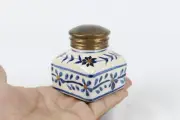 Vintage Blue Ceramic Inkwell Floral Art Design Brass Cap Collectible Ink Pot