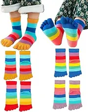 [Pursuestar] 4 Pairs Cotton Split Tabi Toe Five Finger Socks Elastic Casual Rainbow Color Seperated Socks for Kids Boys Girls 2-10 Years