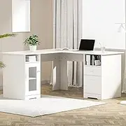 Artiss Computer Desk 150cm White Particle Board Desktop 100KG Weight Capacity Office Corner Laptop Desks Shelf Study Student Table, Home Furniture for Room, L Shape Freestanding Cabinet