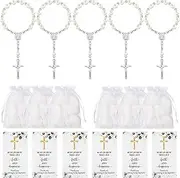 AIOMOB 50 Sets Baptism Favors for Guests Acrylic Rosary Beads Faux Pearls Organza Gift Bags Thank You Cards Silver Angel Charm Keychain for Baptism Christening First Communion Party Supplies (Silver)