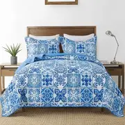 Bedspread Quilt Set Queen - 3 Piece Queen/Full-90"x96" Blue & White Moroccan