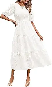 [MEROKEETY] Women's 2024 Summer Puff Sleeve Smocked Floral Dress Crewneck Lace Flowy Tiered Midi Dresses