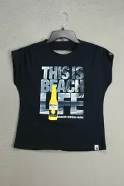 Corona Beer Top Womens Medium 8 10 Black Graphic Open Back Cap Sleeve Ladies