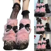 Women Gothic Bowknot Lace Fuzzy Plush Leg Warmers Boot Cuffs with Fishnet Socks